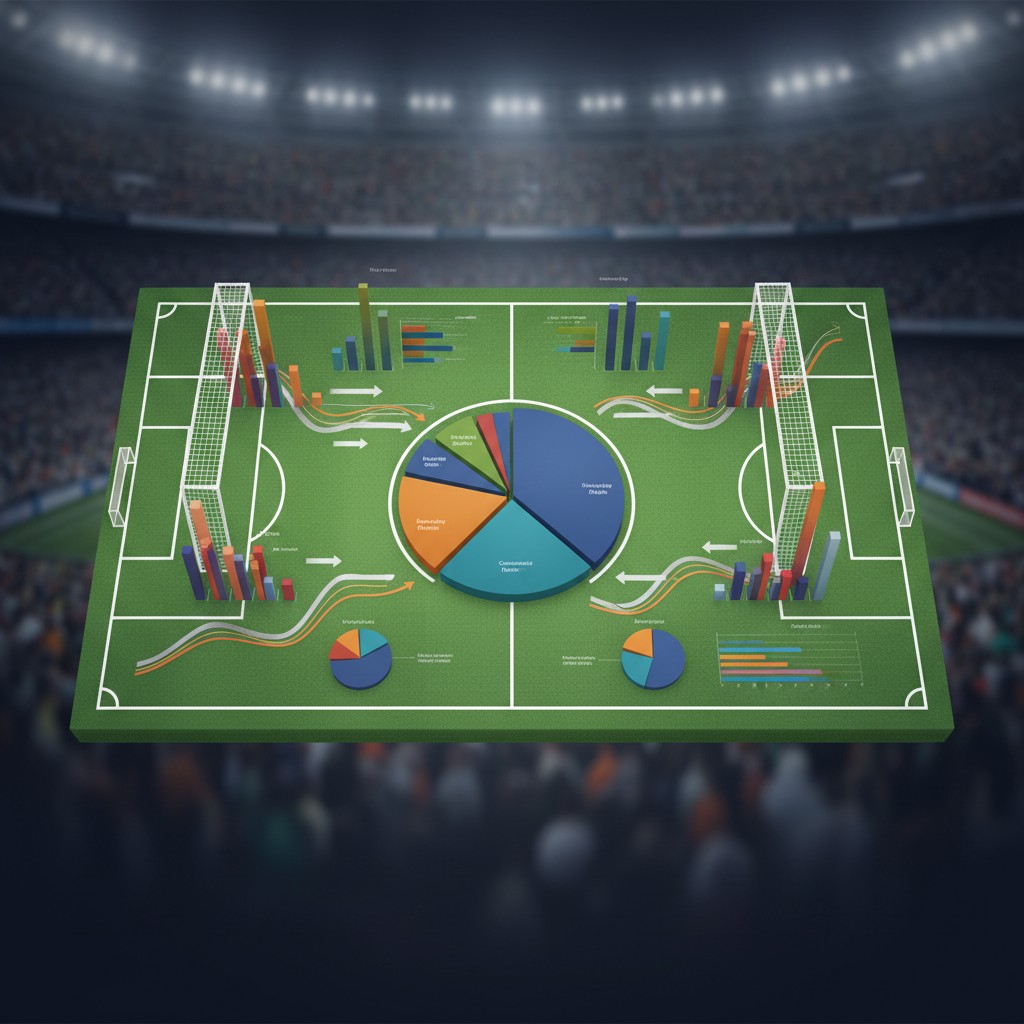 An infographic displaying a football field with a pie chart and bar graphs superimposed on a background, likely depicting ...