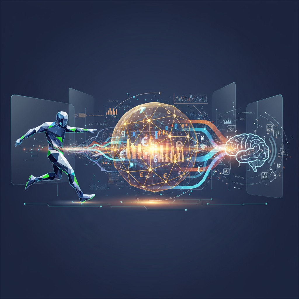 A digital illustration of a running person in a geometric suit, with a large globe and brain nearby, set against a dark bl...