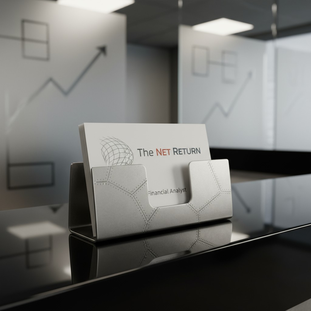 A close-up of a business card holder with business cards in it, sitting on a counter in an office. The cards have the comp...
