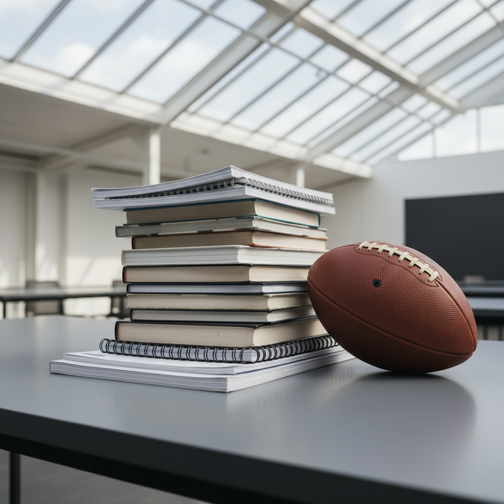 A stack of notebooks and books with a football placed before them are situated on a table in a room with a high, glass cei...