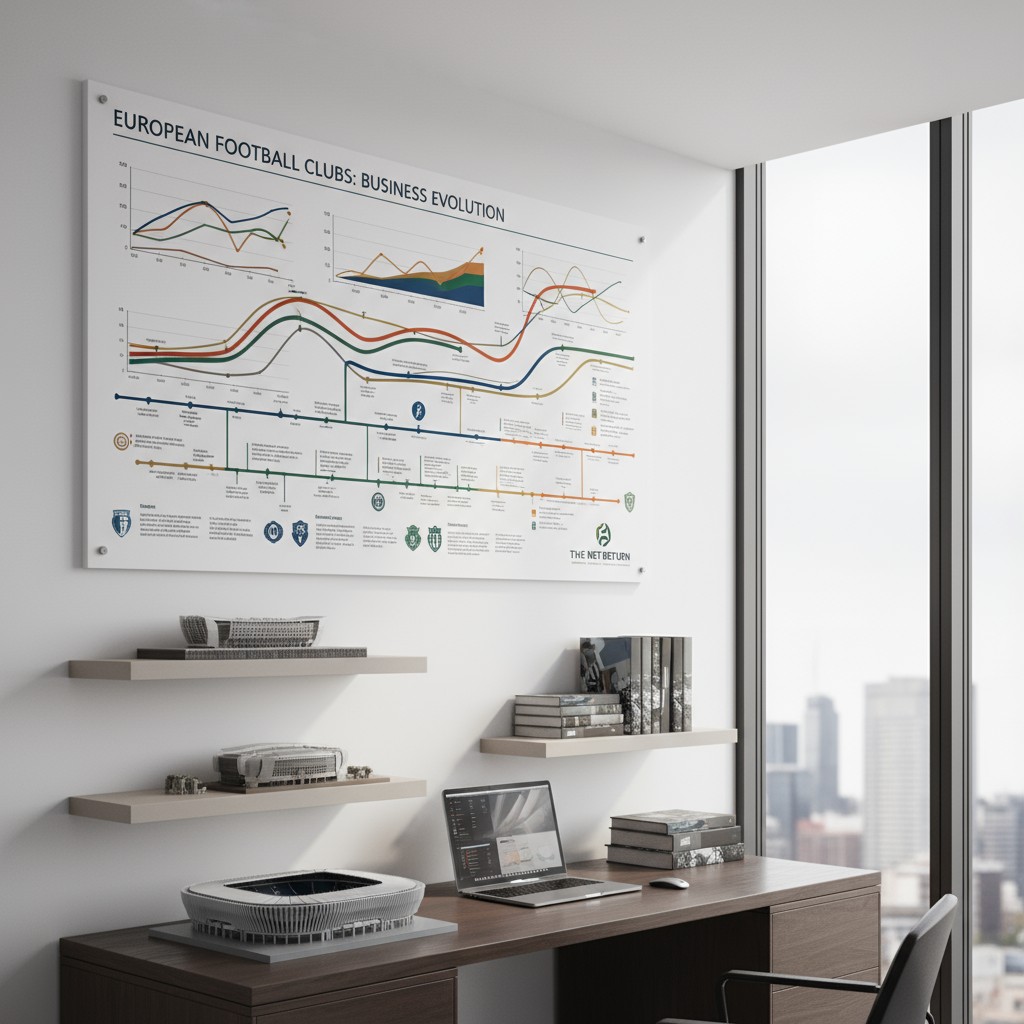 A large, infographic-style poster on a wall in an office setting, titled "European Football Clubs: Business Evolution", in...