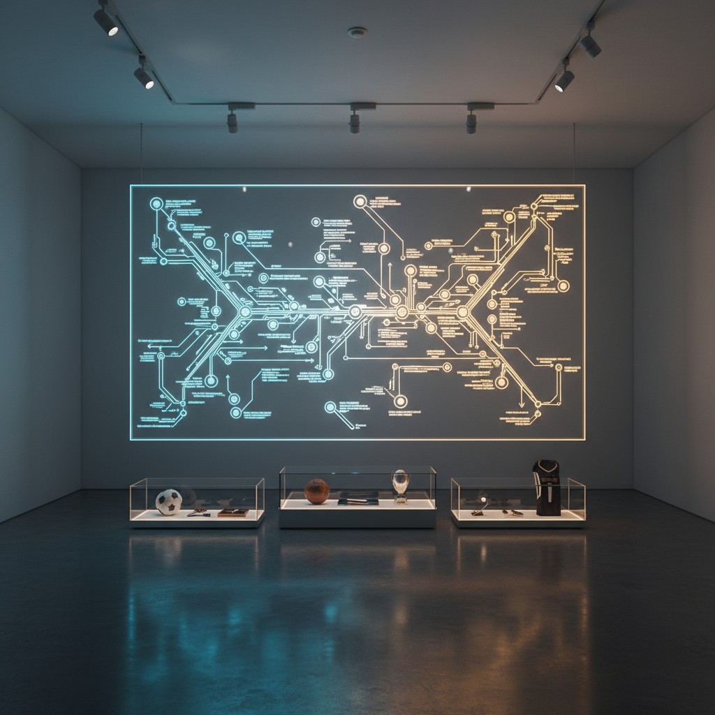 Decorative display case with glowing wall diagram in a gallery-like setting.