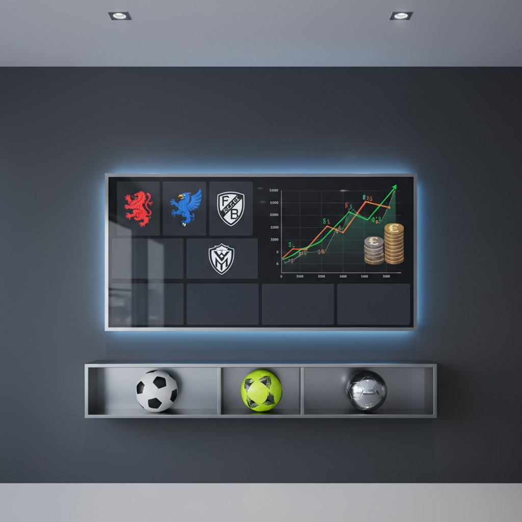 Wall-mounted television screen displaying graphs and football club logos. Three die-cast metal footballs sitting on an ope...